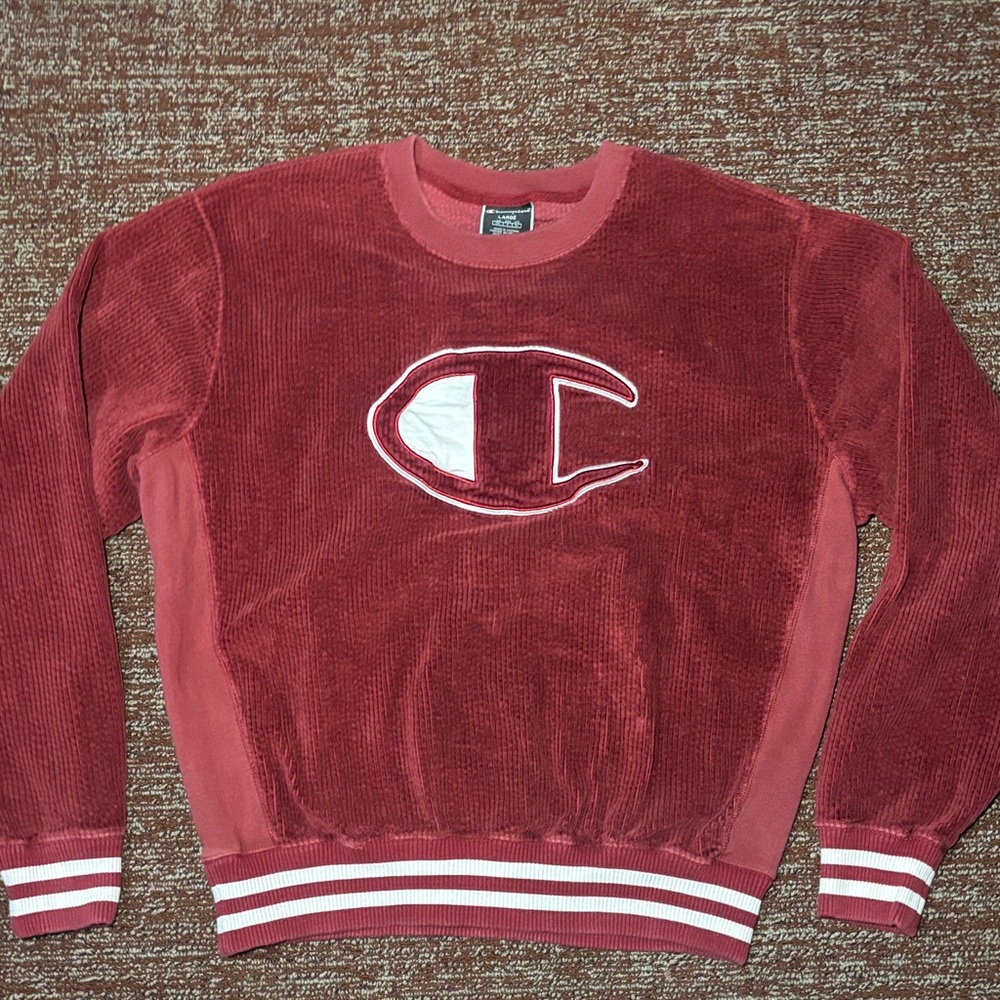 Vintage Champion crewneck sweatshirt red burgundy corduroy velvet men’s Large - Picture 1 of 12